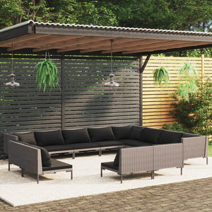 12-tlg. Garten-Lounge-Set mit Kissen Poly Rattan Dunkelgrau
