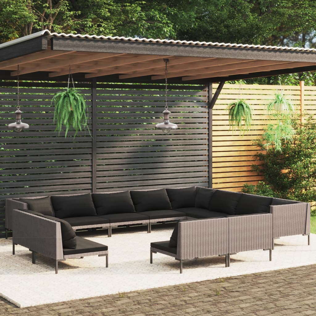 12-tlg. Garten-Lounge-Set mit Kissen Poly Rattan Dunkelgrau