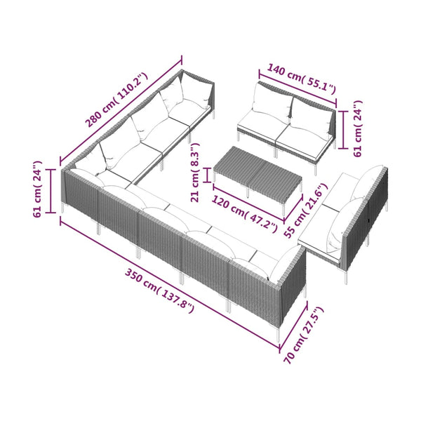 13-tlg. Garten-Lounge-Set mit Kissen Poly Rattan Dunkelgrau
