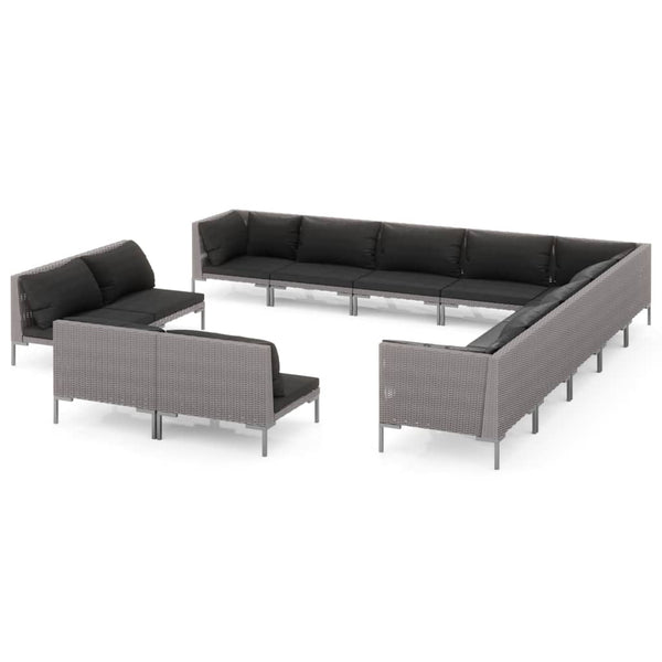 13-tlg. Garten-Lounge-Set mit Kissen Poly Rattan Dunkelgrau