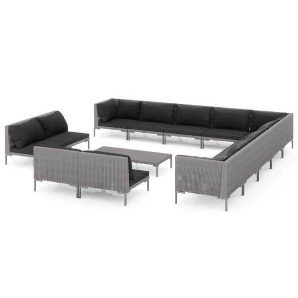 14-tlg. Garten-Lounge-Set mit Kissen Poly Rattan Dunkelgrau