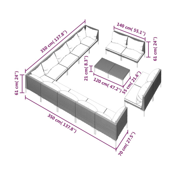 14-tlg. Garten-Lounge-Set mit Kissen Poly Rattan Dunkelgrau