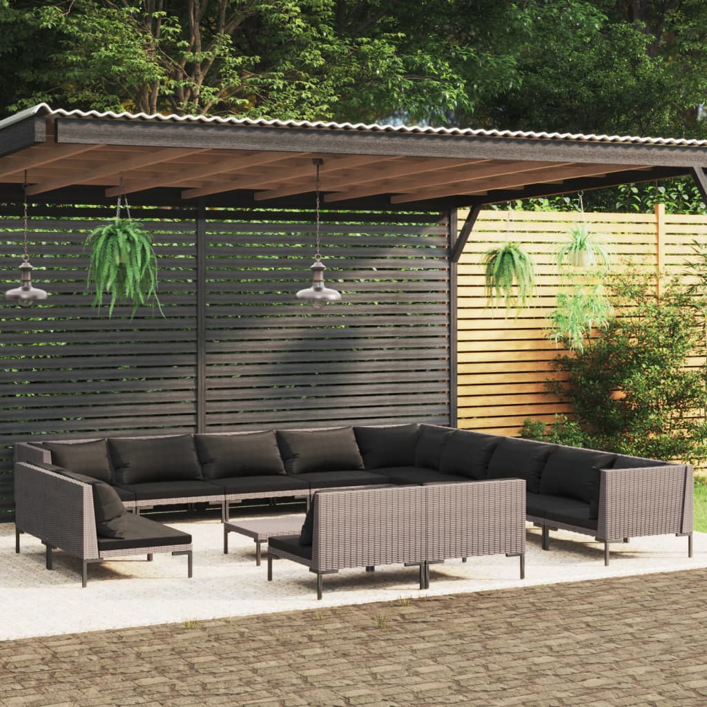 14-tlg. Garten-Lounge-Set mit Kissen Poly Rattan Dunkelgrau