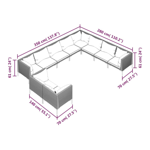 10-tlg. Garten-Lounge-Set mit Kissen Poly Rattan Dunkelgrau