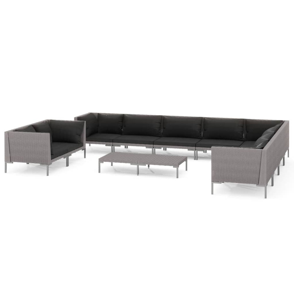 11-tlg. Garten-Lounge-Set mit Kissen Poly Rattan Dunkelgrau