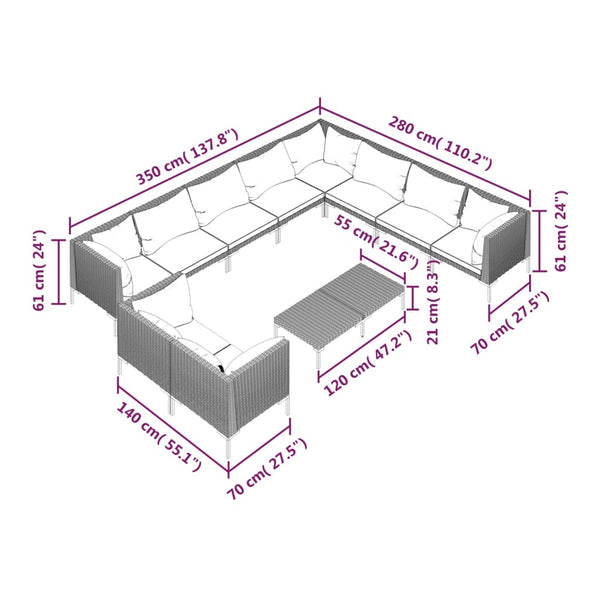 11-tlg. Garten-Lounge-Set mit Kissen Poly Rattan Dunkelgrau