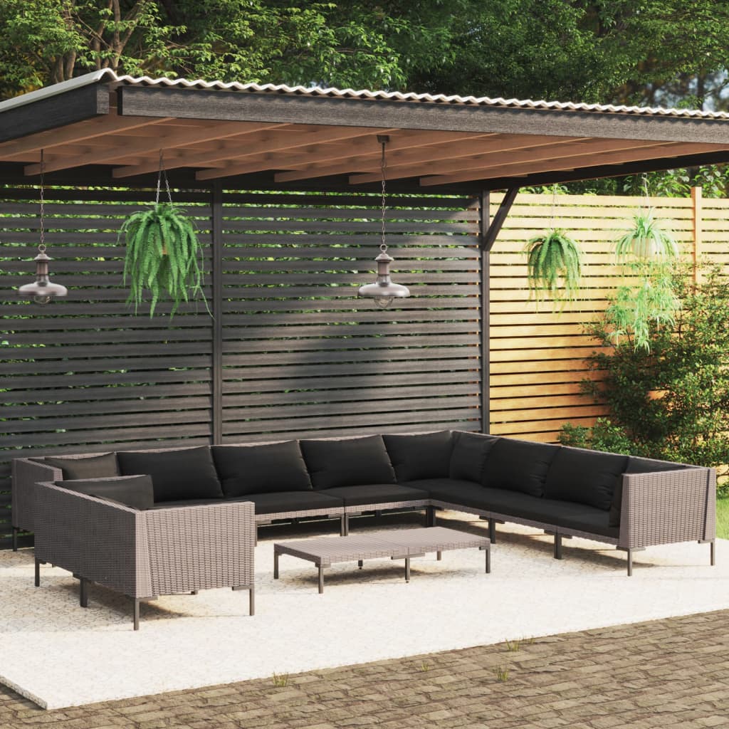 11-tlg. Garten-Lounge-Set mit Kissen Poly Rattan Dunkelgrau