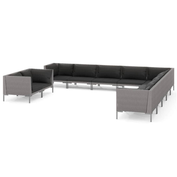 11-tlg. Garten-Lounge-Set mit Kissen Poly Rattan Dunkelgrau