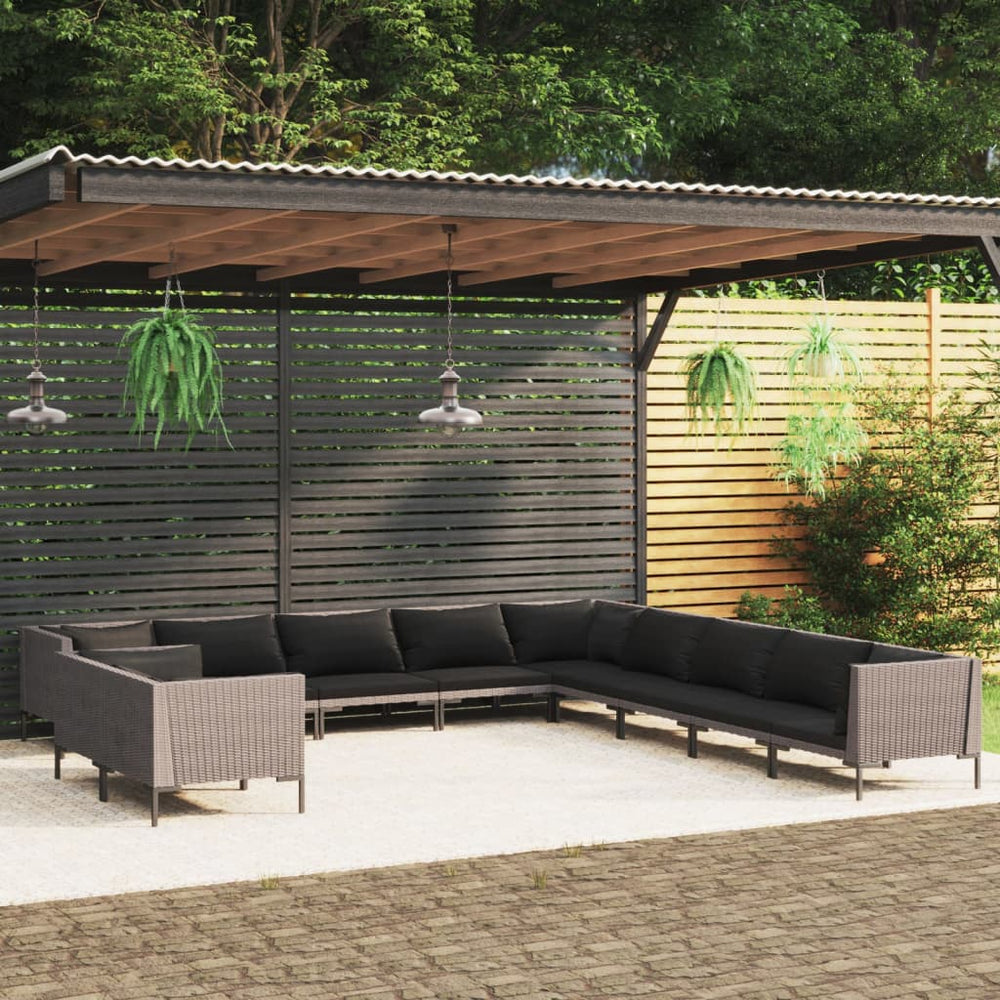 11-tlg. Garten-Lounge-Set mit Kissen Poly Rattan Dunkelgrau