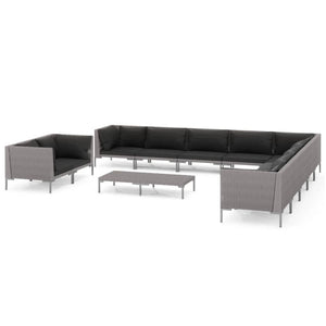 12-tlg. Garten-Lounge-Set mit Kissen Poly Rattan Dunkelgrau