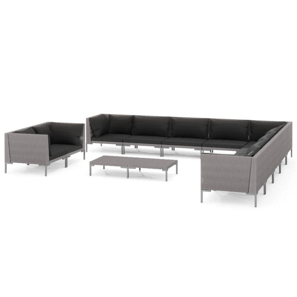 12-tlg. Garten-Lounge-Set mit Kissen Poly Rattan Dunkelgrau