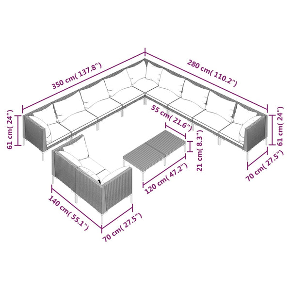 12-tlg. Garten-Lounge-Set mit Kissen Poly Rattan Dunkelgrau