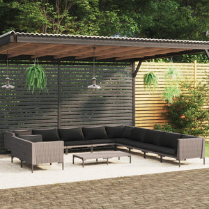 12-tlg. Garten-Lounge-Set mit Kissen Poly Rattan Dunkelgrau