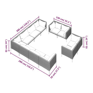 11-tlg. Garten-Lounge-Set mit Kissen Poly Rattan Dunkelgrau