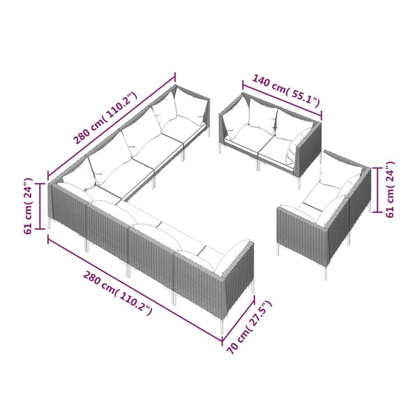 11-tlg. Garten-Lounge-Set mit Kissen Poly Rattan Dunkelgrau