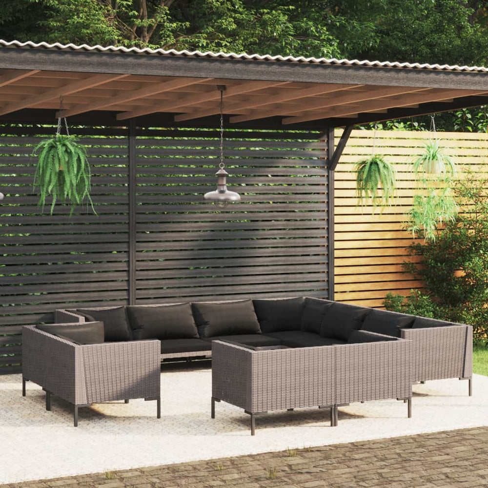 11-tlg. Garten-Lounge-Set mit Kissen Poly Rattan Dunkelgrau