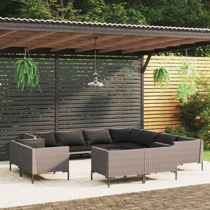 11-tlg. Garten-Lounge-Set mit Kissen Poly Rattan Dunkelgrau