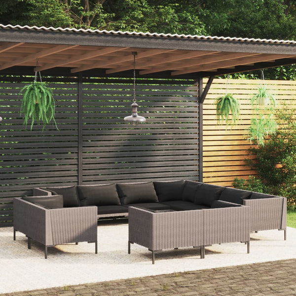 11-tlg. Garten-Lounge-Set mit Kissen Poly Rattan Dunkelgrau
