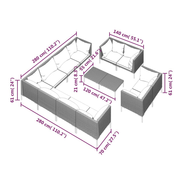 12-tlg. Garten-Lounge-Set mit Kissen Poly Rattan Dunkelgrau