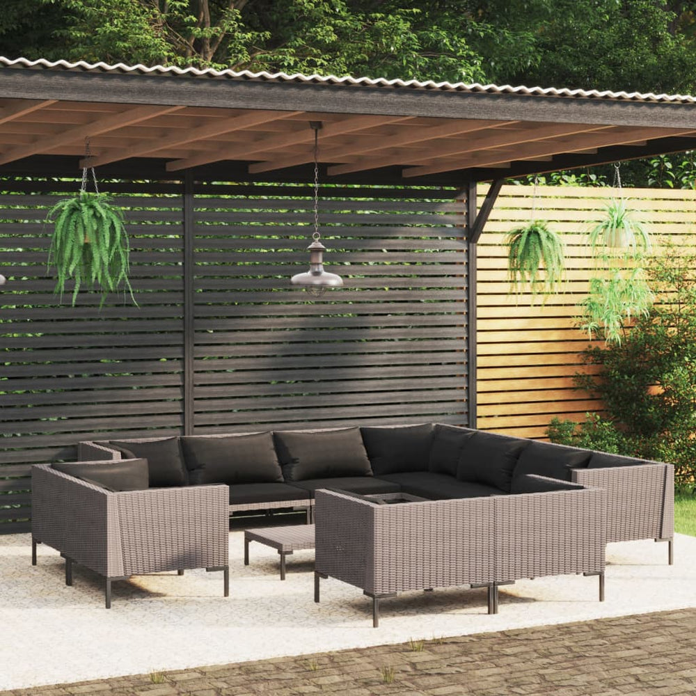 vidaXL Salon de jardin 12 pcs avec coussins en résine tressée Gris foncé