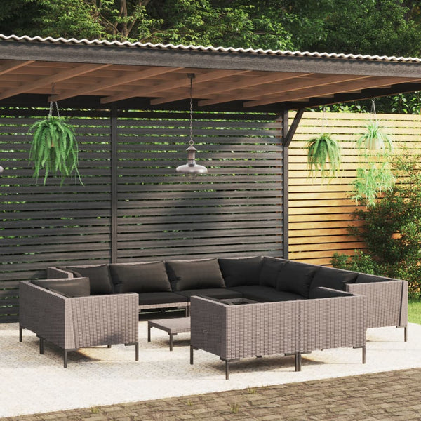 12-tlg. Garten-Lounge-Set mit Kissen Poly Rattan Dunkelgrau