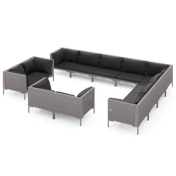 12-tlg. Garten-Lounge-Set mit Kissen Poly Rattan Dunkelgrau
