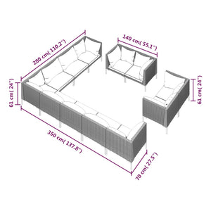 12-tlg. Garten-Lounge-Set mit Kissen Poly Rattan Dunkelgrau