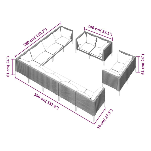 12-tlg. Garten-Lounge-Set mit Kissen Poly Rattan Dunkelgrau
