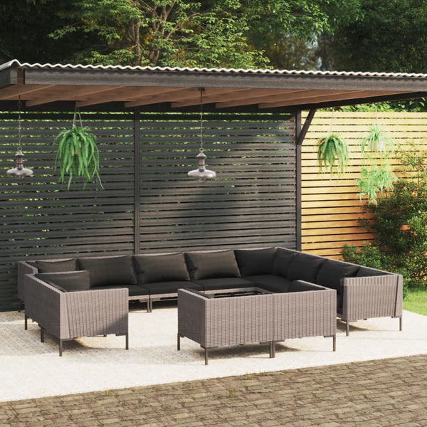 12-tlg. Garten-Lounge-Set mit Kissen Poly Rattan Dunkelgrau
