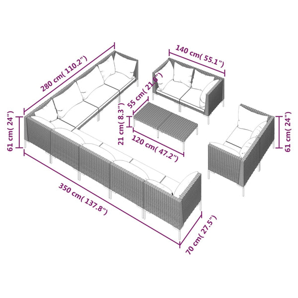 13-tlg. Garten-Lounge-Set mit Kissen Poly Rattan Dunkelgrau