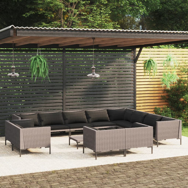 13-tlg. Garten-Lounge-Set mit Kissen Poly Rattan Dunkelgrau