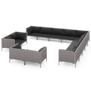 13-tlg. Garten-Lounge-Set mit Kissen Poly Rattan Dunkelgrau