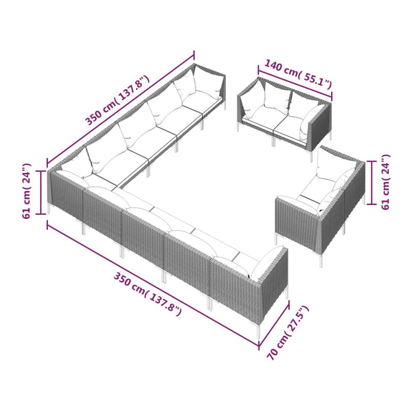 13-tlg. Garten-Lounge-Set mit Kissen Poly Rattan Dunkelgrau