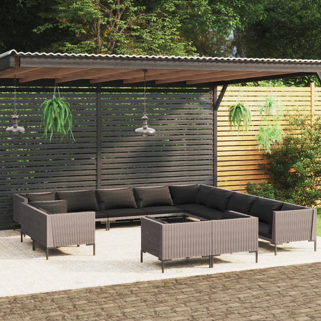 13-tlg. Garten-Lounge-Set mit Kissen Poly Rattan Dunkelgrau