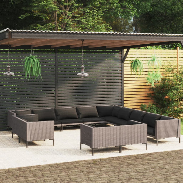 13-tlg. Garten-Lounge-Set mit Kissen Poly Rattan Dunkelgrau