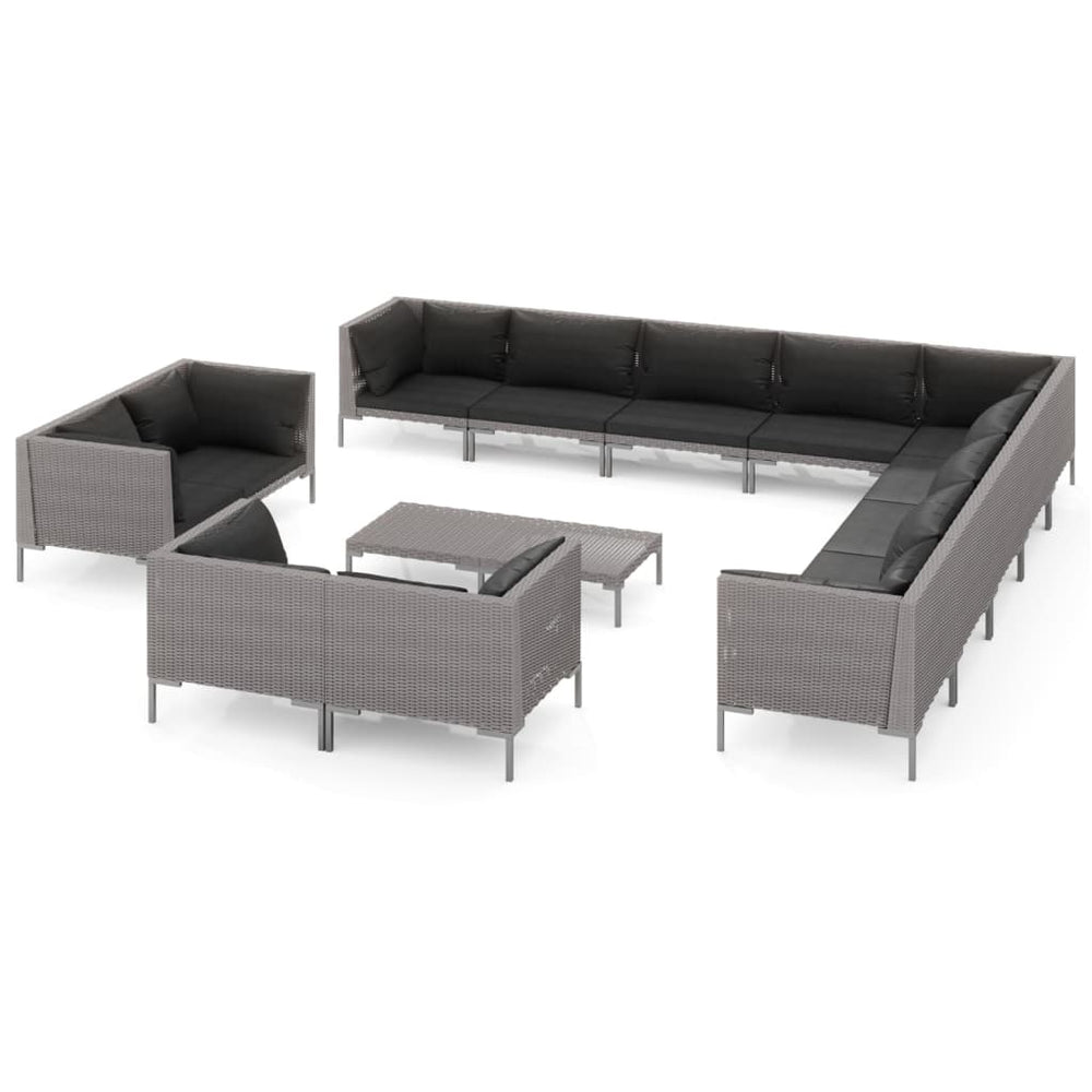 vidaXL Salon de jardin 14 pièces en résine tressée avec coussins Gris foncé