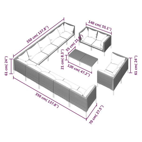 14-tlg. Garten-Lounge-Set mit Kissen Poly Rattan Dunkelgrau
