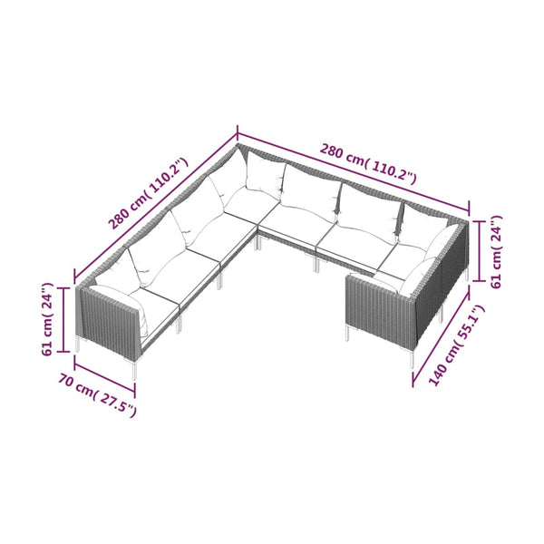 8-tlg. Garten-Lounge-Set mit Kissen Poly Rattan Dunkelgrau
