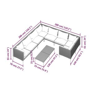 9-tlg. Garten-Lounge-Set mit Kissen Poly Rattan Dunkelgrau