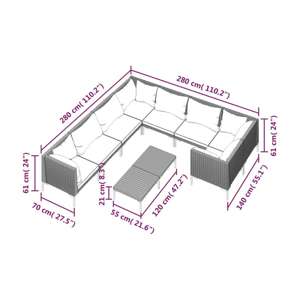 9-tlg. Garten-Lounge-Set mit Kissen Poly Rattan Dunkelgrau