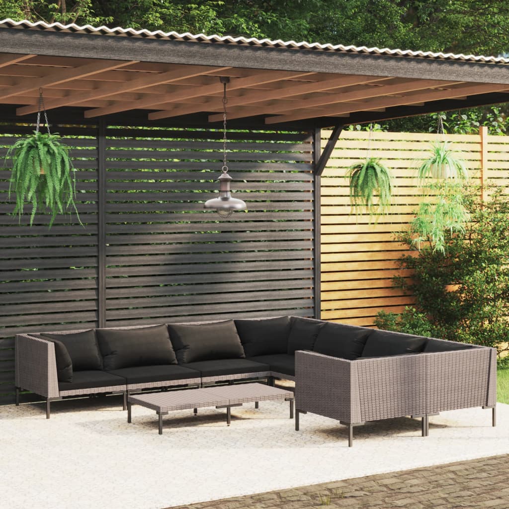 9-tlg. Garten-Lounge-Set mit Kissen Poly Rattan Dunkelgrau