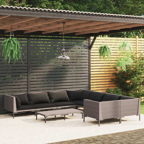 9-tlg. Garten-Lounge-Set mit Kissen Poly Rattan Dunkelgrau