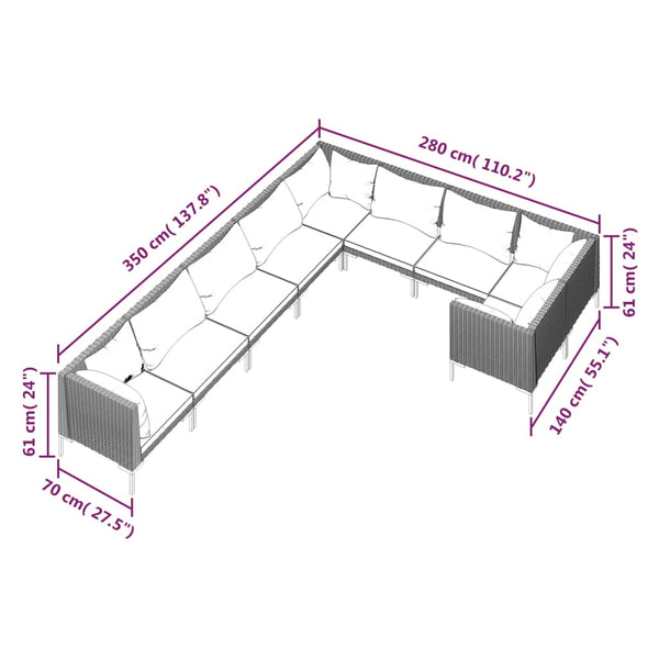9-tlg. Garten-Lounge-Set mit Kissen Poly Rattan Dunkelgrau
