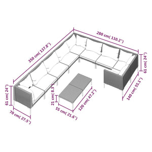 10-tlg. Garten-Lounge-Set mit Kissen Poly Rattan Dunkelgrau