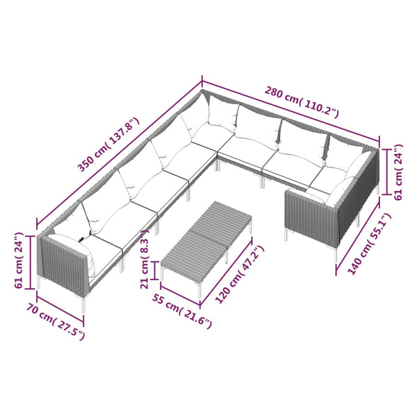 10-tlg. Garten-Lounge-Set mit Kissen Poly Rattan Dunkelgrau