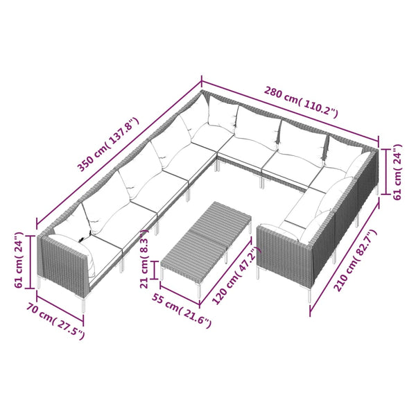 11-tlg. Garten-Lounge-Set mit Kissen Poly Rattan Dunkelgrau
