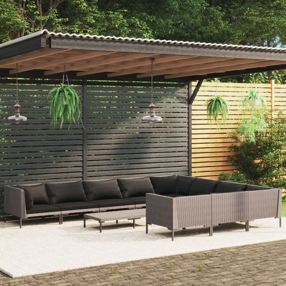 11-tlg. Garten-Lounge-Set mit Kissen Poly Rattan Dunkelgrau