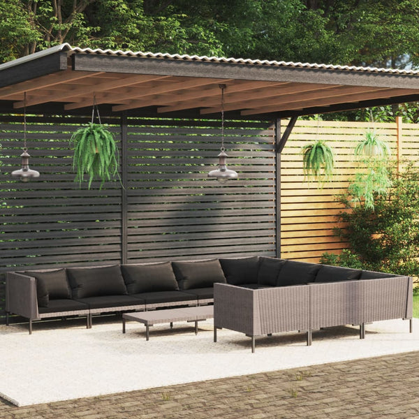 11-tlg. Garten-Lounge-Set mit Kissen Poly Rattan Dunkelgrau