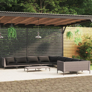 11-tlg. Garten-Lounge-Set mit Kissen Poly Rattan Dunkelgrau