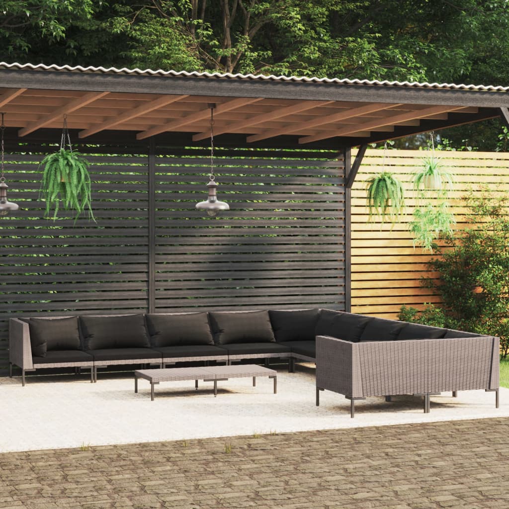 11-tlg. Garten-Lounge-Set mit Kissen Poly Rattan Dunkelgrau